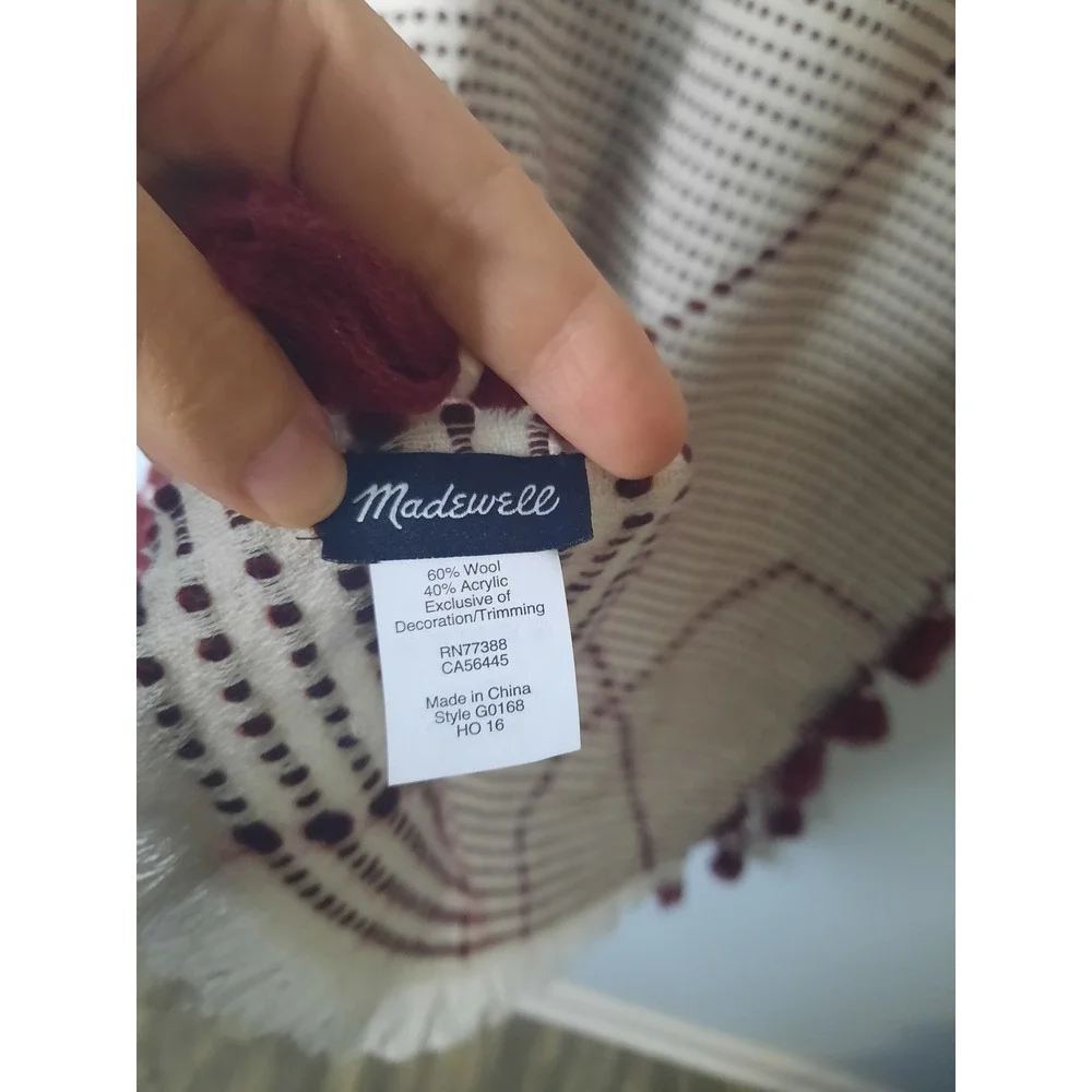 Madewell Wool Blend Oversized Blanket Scarf Burgundy Cream Tassel